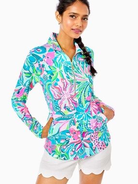 Lilly Pulitzer Skipper UPF 50+ Popover Turquoise Oasis Golden Hour Size Medium